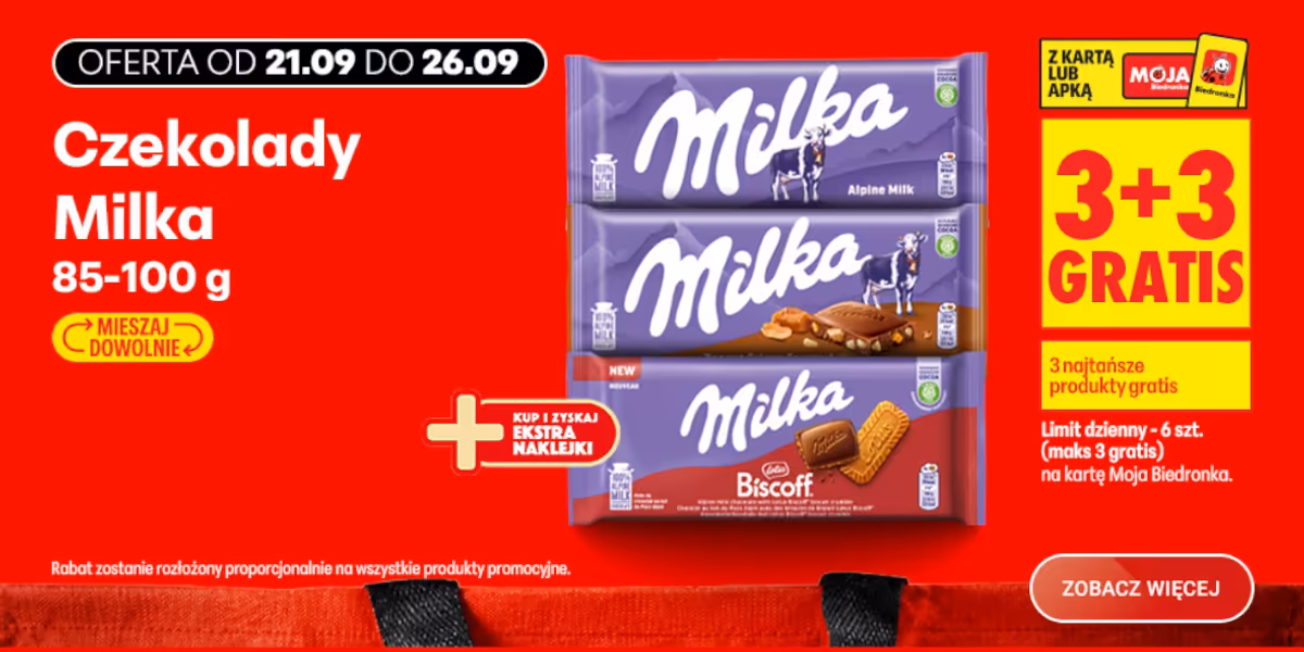 Biedronka: 3+3 GRATIS na czekolady Milka 85 g- 100 g