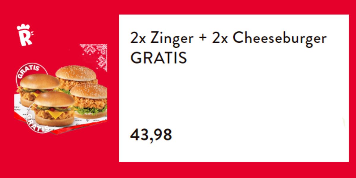 KFC: 43,98 zł 2x Zinger + 2x Cheeseburger GRATIS