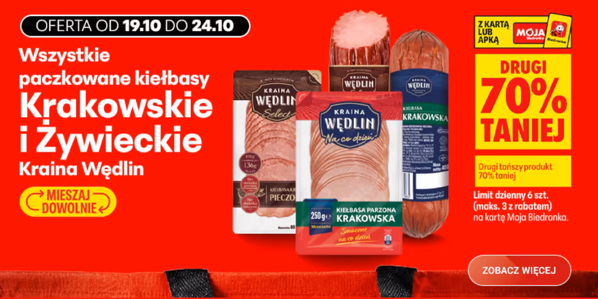 Biedronka: -70% na paczkowane kiełbasy krakowskie i żywieckie