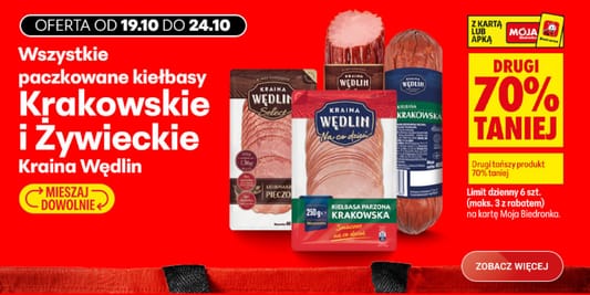 Biedronka: -70% na paczkowane kiełbasy krakowskie i żywieckie 19.10.2026