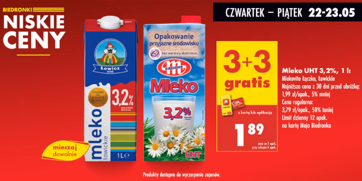 Biedronka: 3+3 GRATIS na mleko UHT 3,2%
