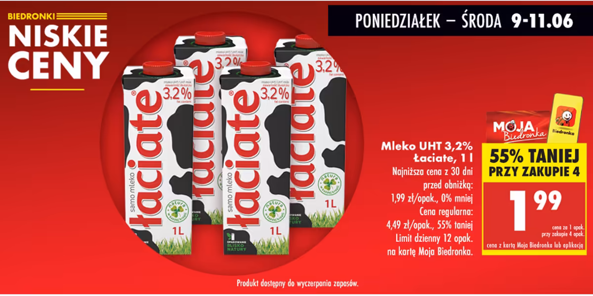 Biedronka: -55% na Mleko UHT 3,2% Łaciate