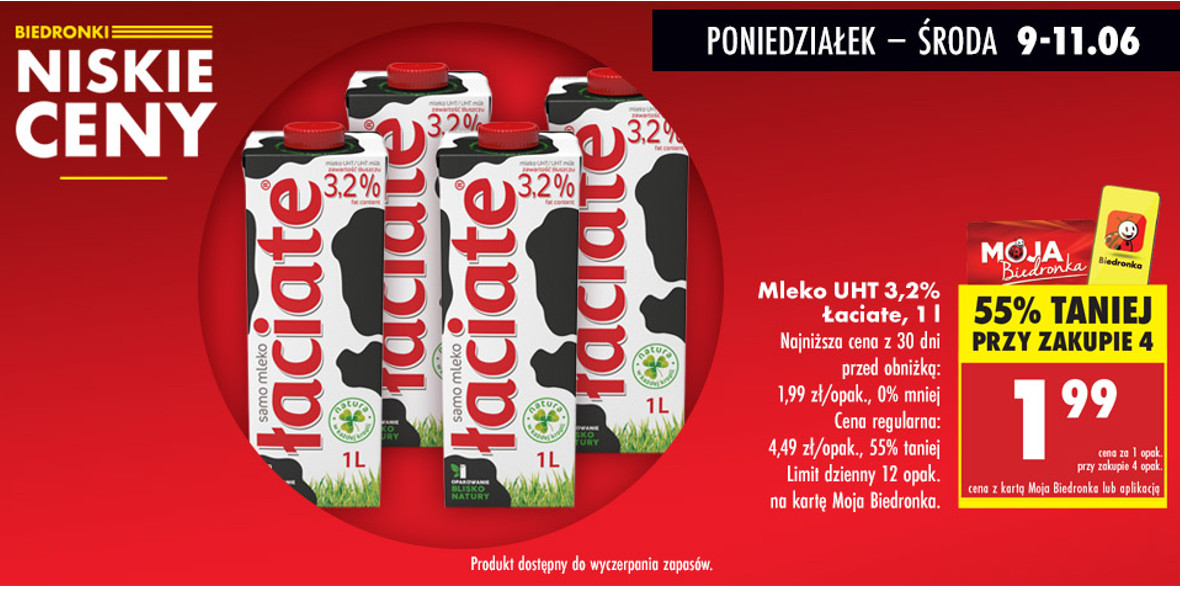 Biedronka: -55% na Mleko UHT 3,2% Łaciate 09.06.2025