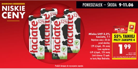 Biedronka: -55% na Mleko UHT 3,2% Łaciate 09.06.2025