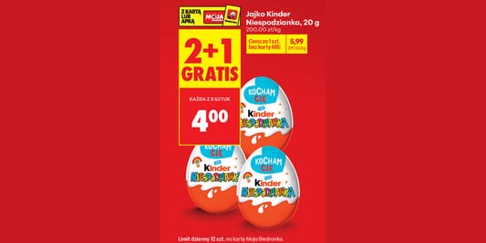 Biedronka: 2+1 GRATIS na jajko Kinder Niespodzianka 16.02.2026