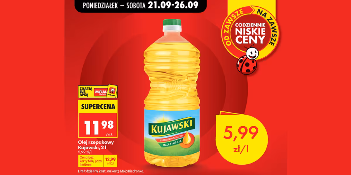 Biedronka: SUPERCENA na olej rzepakowy Kujawski