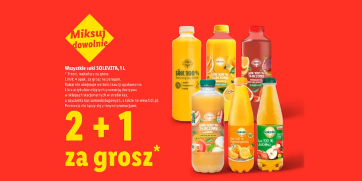 Lidl: 2+1 za GROSZ na soki Solevita