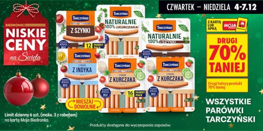 Biedronka: -70% na wszystkie parówki Tarczyński - drugi produkt 04.12.2025