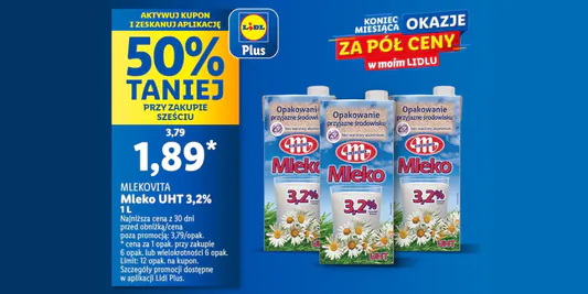 Lidl: KUPON -50% na mleko UHT 3,2% 29.05.2025