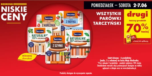 Biedronka: -60% na wszystkie parówki Tarczyński - drugi produkt 02.06.2025