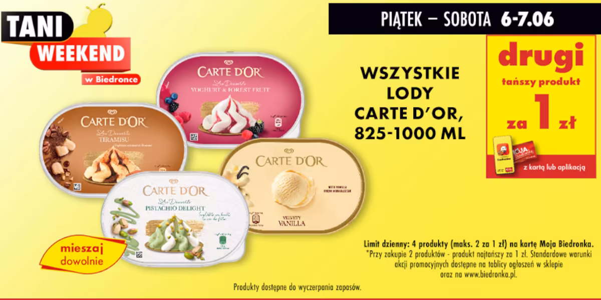 Biedronka: 1 zł za lody Carte d'Or - drugi tańszy produkt