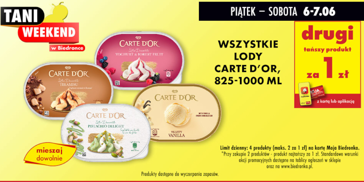 Biedronka: 1 zł za lody Carte d'Or - drugi tańszy produkt 06.06.2025
