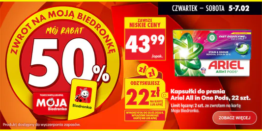 Biedronka: ZWROT -50% za kapsułki do prania Ariel 06.02.2026