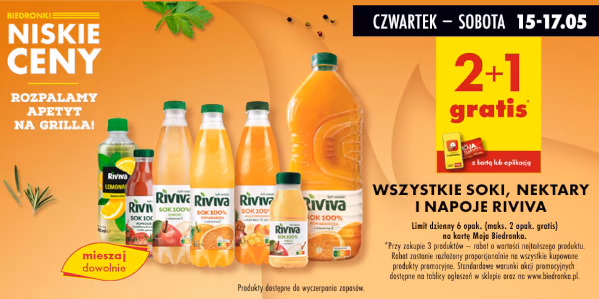 Biedronka: 2 + 1 GRATIS na soki, nektary i napoje Riviva