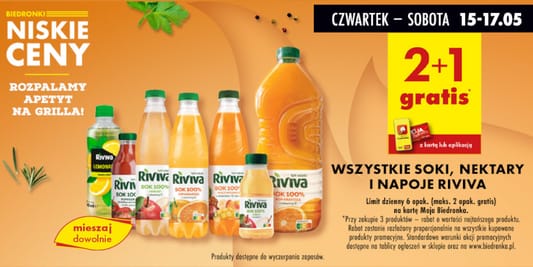 Biedronka: 2 + 1 GRATIS na soki, nektary i napoje Riviva 15.05.2025