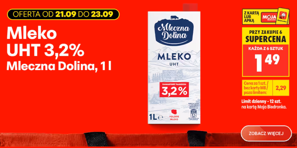 Biedronka: 1,49 zł za mleko UHT 3,2% Mleczna Dolina
