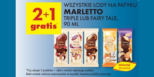 Biedronka: 2+1 GRATIS na lody na patyku Marletto Triple lub Fairy Tale 10.06.2025