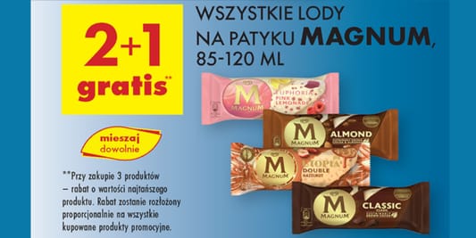 Biedronka: 2+1 GRATIS na lody na patyku Magnum 27.05.2025