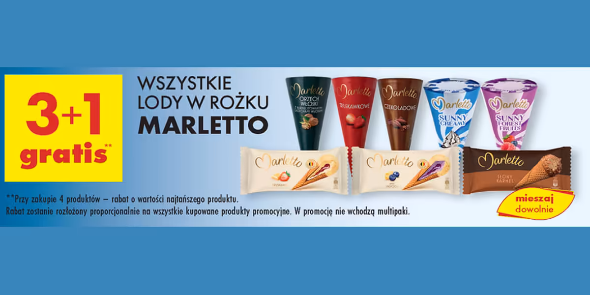 Biedronka: 3+1 GRATIS na wszystkie lody w rożku Marletto