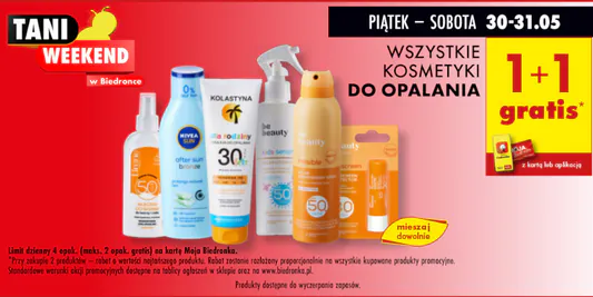 Biedronka: 1+1 GRATIS na wszystkie kosmetyki do opalania 30.05.2025