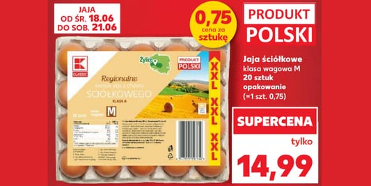 Kaufland: 14,99 zł za jaja ściółkowe klasa M, 20 sztuk 18.06.2025