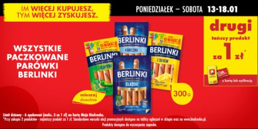 Biedronka: 1 zł za paczkowane parówki Berlinki - drugi produkt 13.01.2025