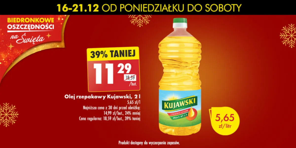 Biedronka: -39% na olej rzepakowy Kujawski, 2 l