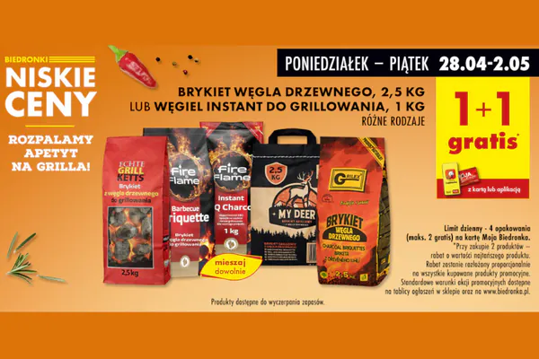: 1+1 GRATIS na brykiet węgla drzewnego lub Węgiel instant