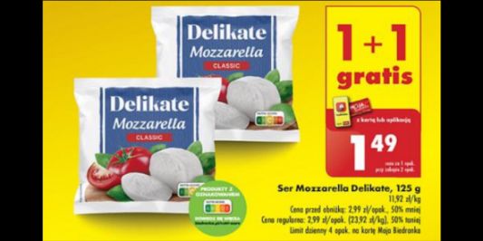 Biedronka: 1+1 GRATIS ser Mozzarella Classic Delikate 25.07.2024