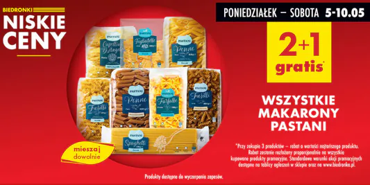 Biedronka: 2+1 GRATIS na wszystkie makarony Pastani 05.05.2025