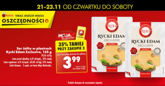 Biedronka: -35% na ser żółty w plastrach Rycki Edam Exclusive 21.11.2024