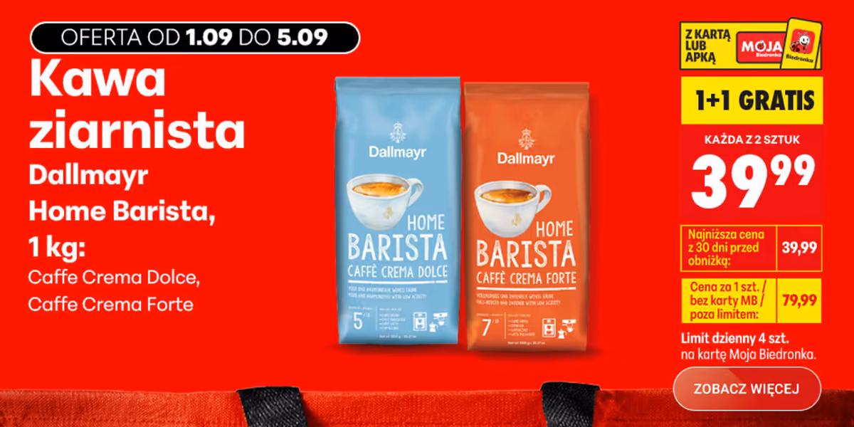 Biedronka: 1+1 GRATIS na kawę Dallmayr Home Barista