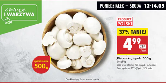 Biedronka: -37% na pieczarki, opak. 500 g 12.05.2025