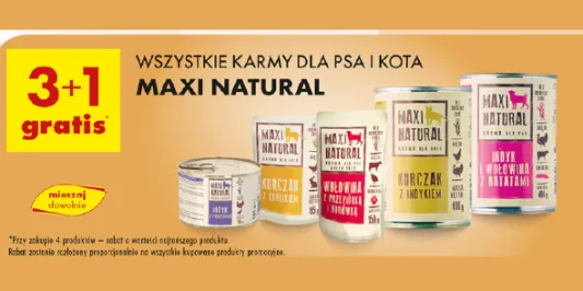 Biedronka: 3+1 GRATIS na wszystkie karmy dla psa i kota Maxi Natural 04.02.2025