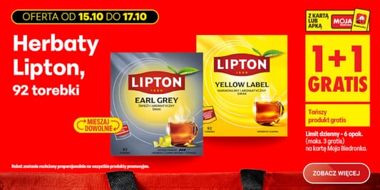 Biedronka: 1+1 GRATIS na herbaty Lipton 15.10.2026