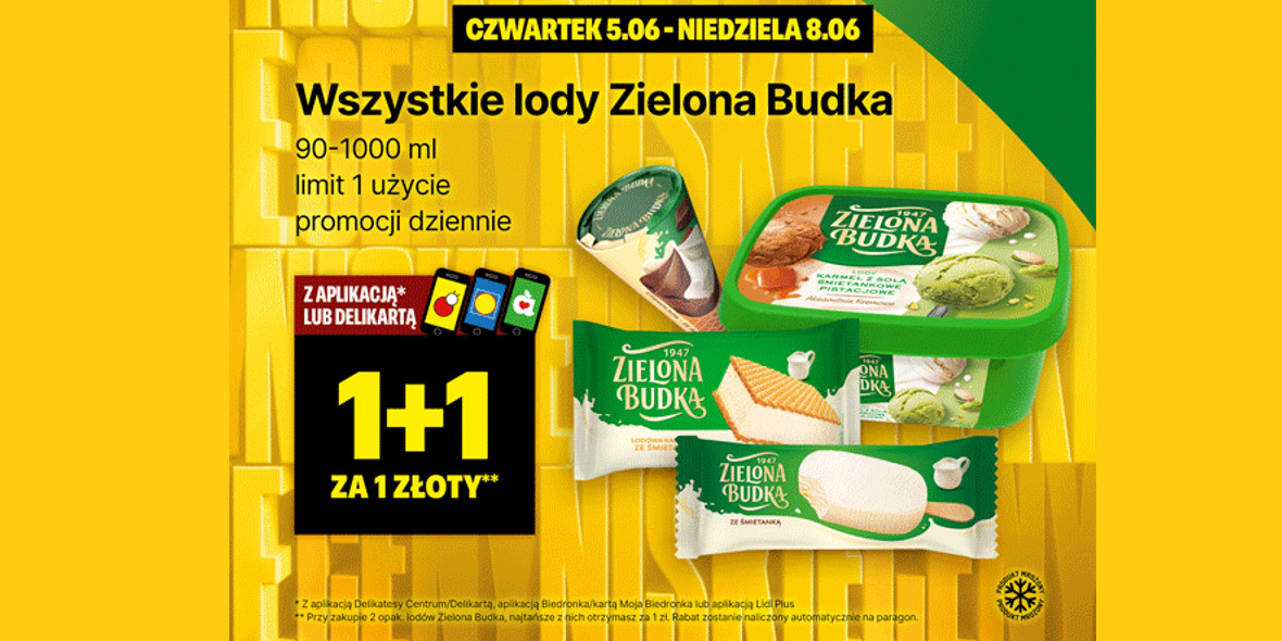 Delikatesy Centrum: 1+1 na wszystkie lody Zielona Budka 05.06.2025