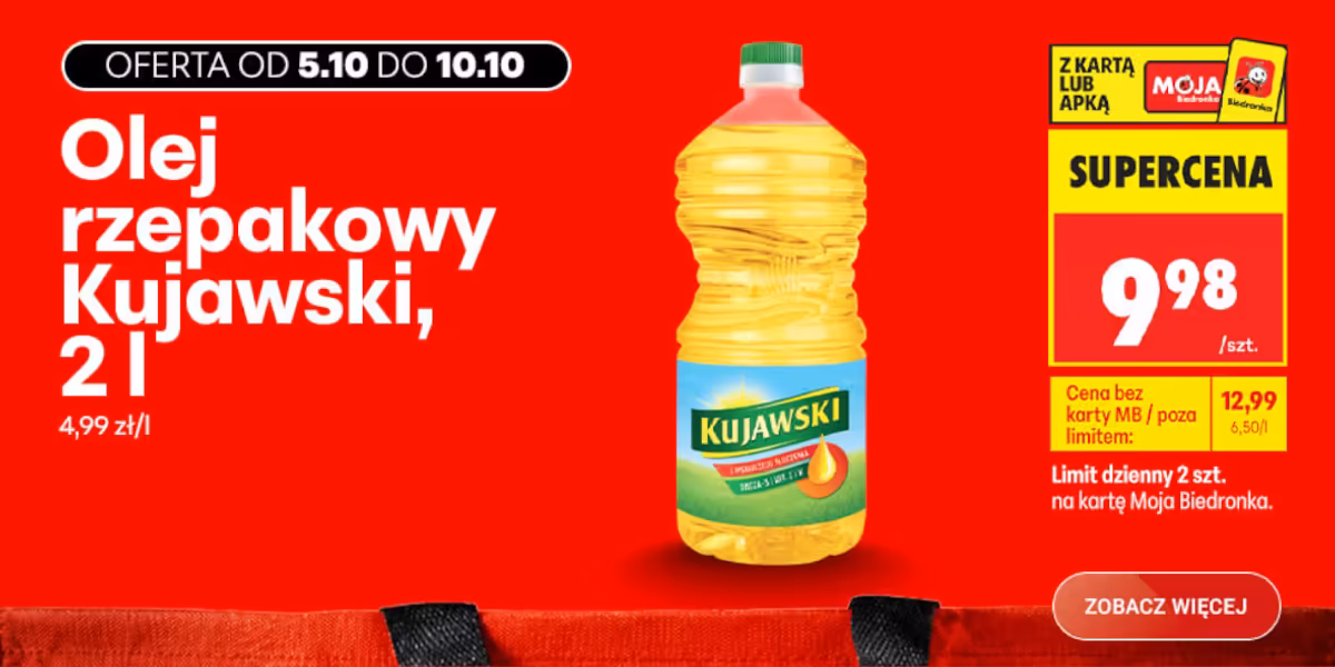 Biedronka: SUPERCENA na olej rzepakowy Kujawski