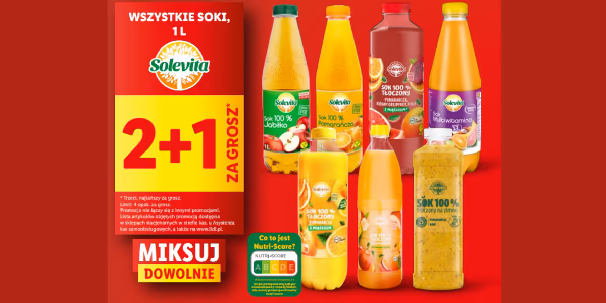 Lidl: 2+1 za GROSZ na soki Solevita
