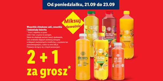 Lidl: 2+1 za GROSZ na soki, smoothie i lemoniady chłodzone 21.09.2026