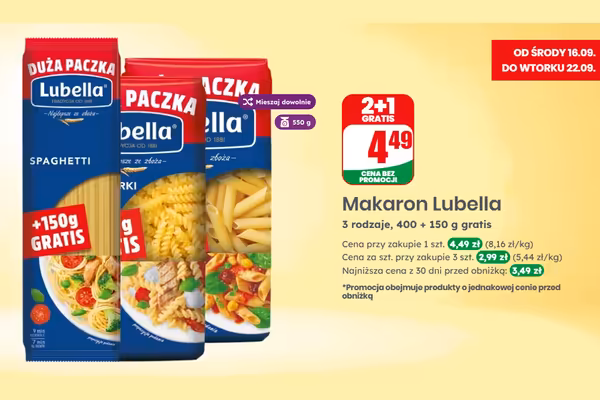Dino: 2+1 GRATIS na makaron Lubella