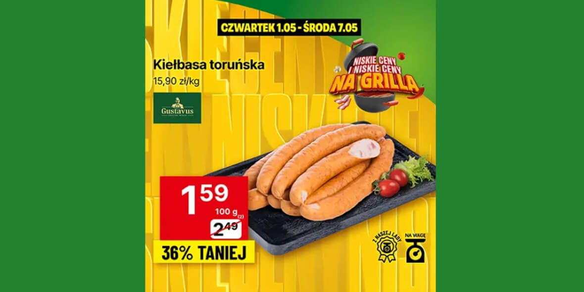 Delikatesy Centrum: -36% na kiełbasę toruńską 02.05.2025