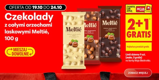 Biedronka: 2+1 GRATIS na czekolady Meltié 19.10.2026