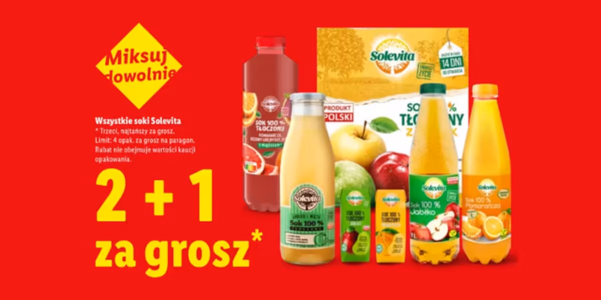Lidl: 2+1 za GROSZ na soki Solevita