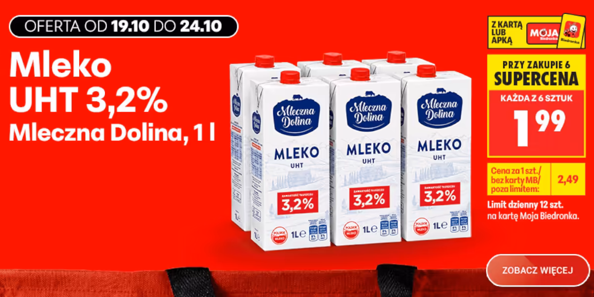 Biedronka: SUPERCENA na mleko Mleczna Dolina UHT 3,2%