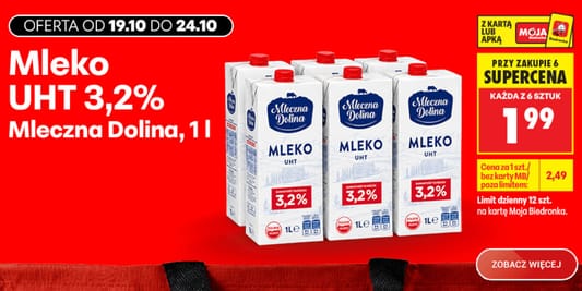 Biedronka: SUPERCENA na mleko Mleczna Dolina UHT 3,2% 19.10.2026