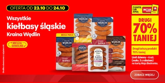 Biedronka: -70% na wszystkie kiełbasy śląskie 23.10.2026