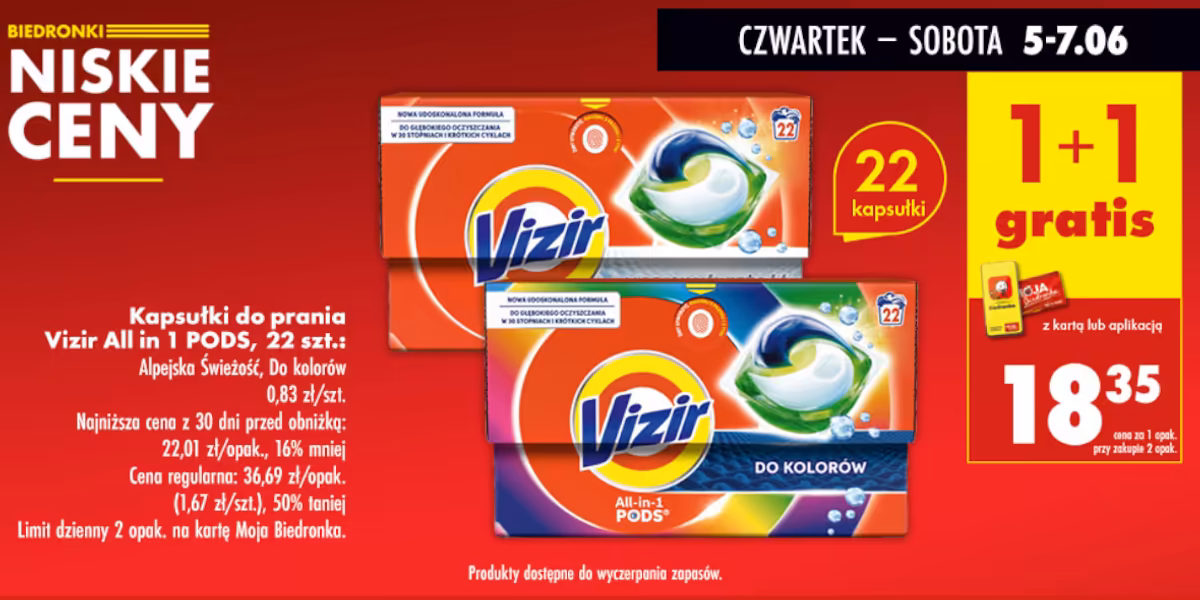 Biedronka: 1+1 GRATIS na kapsułki do prania Vizir All in 1 Pods