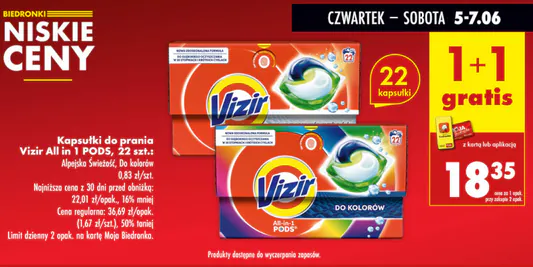 Biedronka: 1+1 GRATIS na kapsułki do prania Vizir All in 1 Pods 05.06.2025