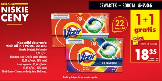 Biedronka: 1+1 GRATIS na kapsułki do prania Vizir All in 1 Pods 05.06.2025