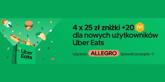 UberEATS: 4 x 25 zł dla nowych użytkowników + 20 Monet 08.07.2024